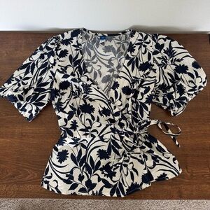 Blue and White Flowery Wrap Style Blouse